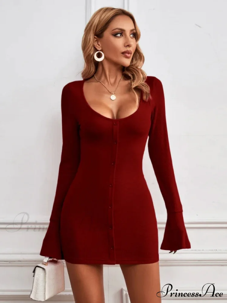 Single-Breasted Knitted Long-Sleeved Dress - Image 4