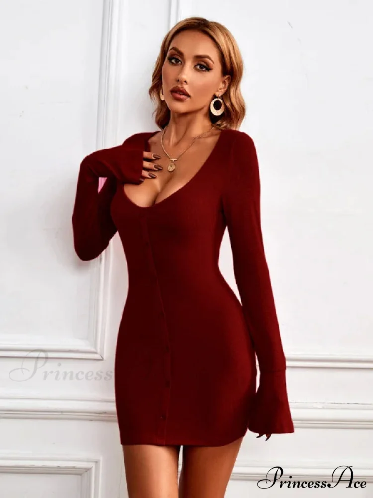 Single-Breasted Knitted Long-Sleeved Dress - Image 5