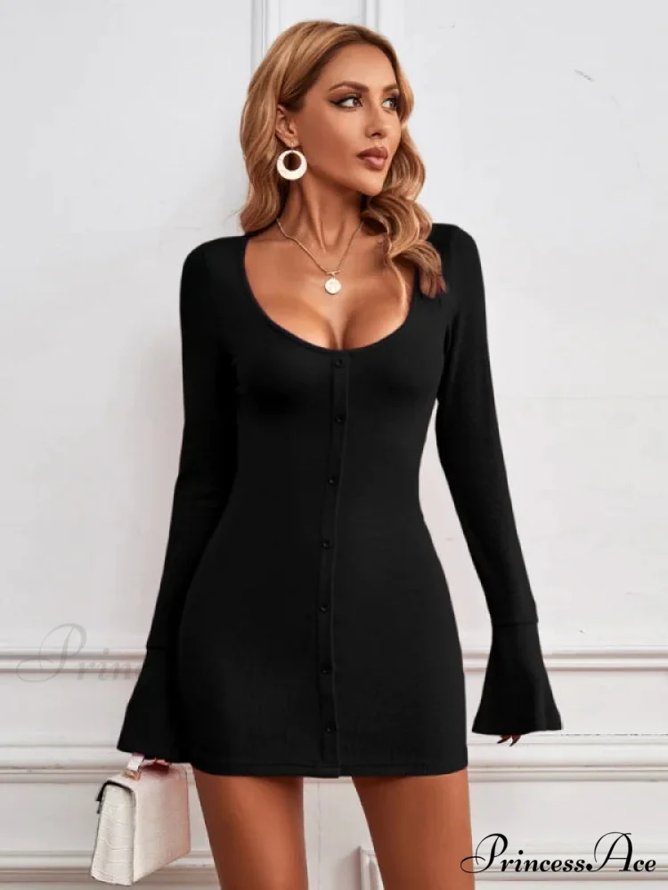 Single-Breasted Knitted Long-Sleeved Dress - Image 6