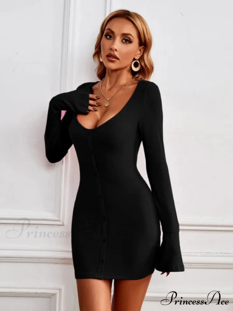 Single-Breasted Knitted Long-Sleeved Dress - Image 7