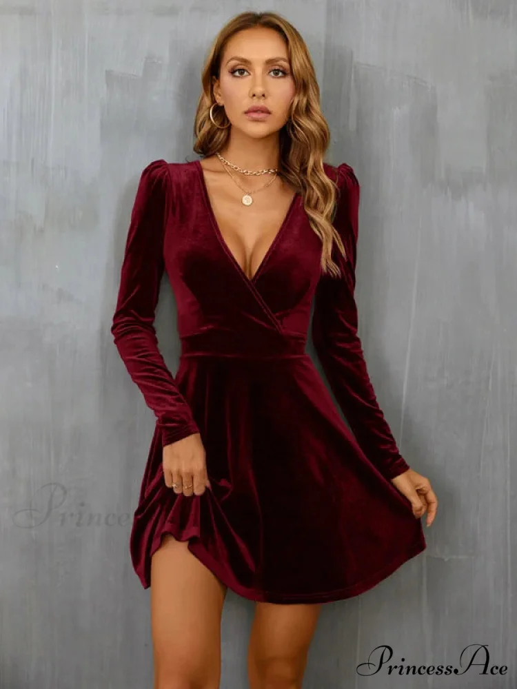 V-Neck Long Sleeve Velvet Dress - Image 2