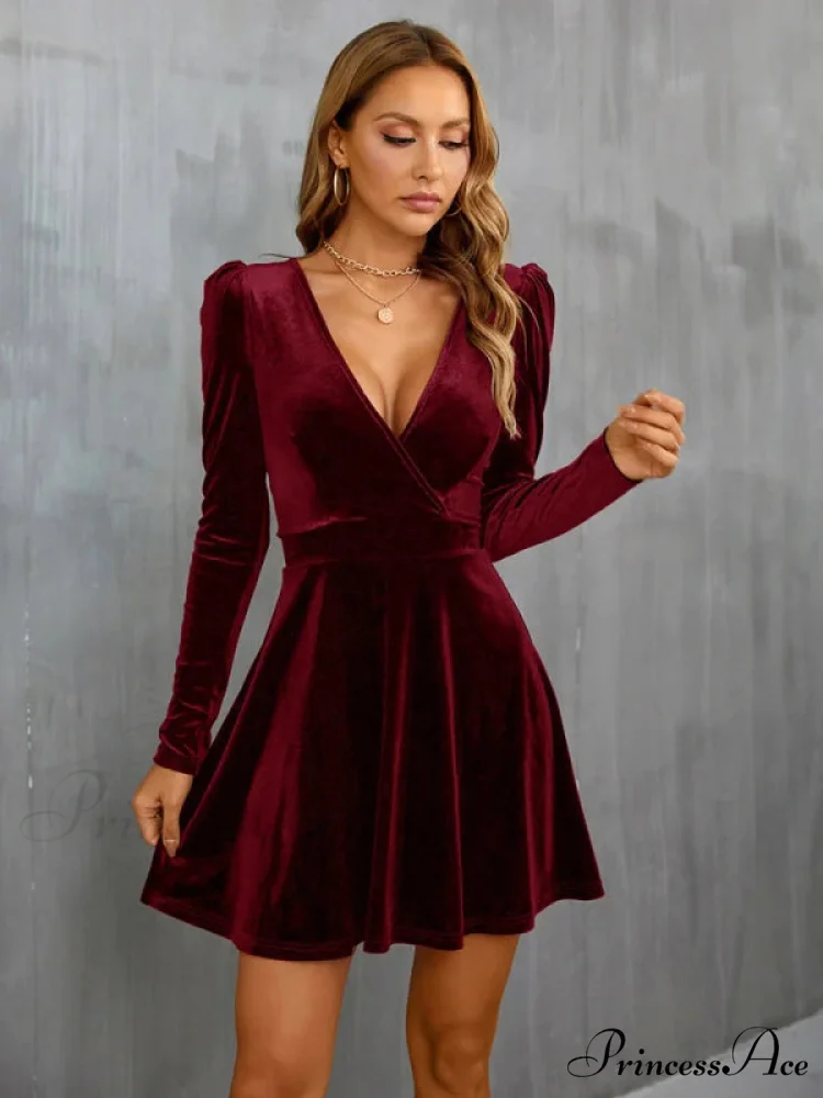 V-Neck Long Sleeve Velvet Dress - Image 3