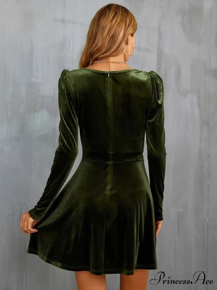 V-Neck Long Sleeve Velvet Dress - Image 5