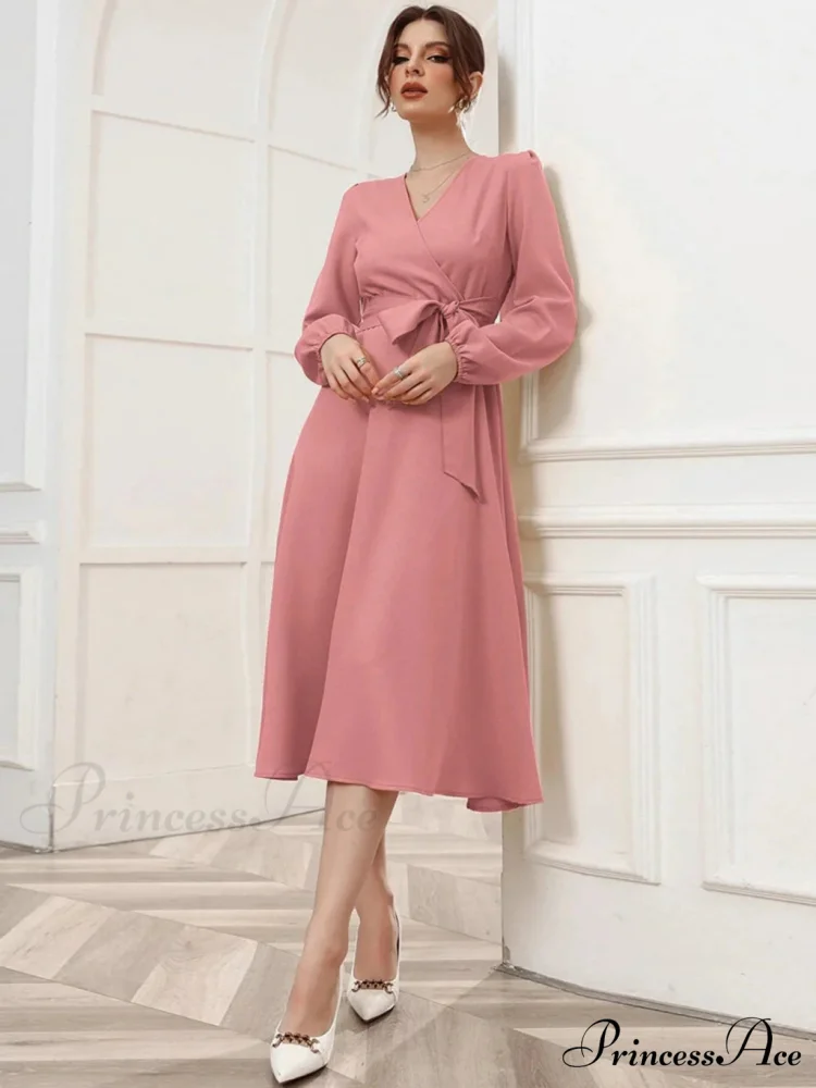V-NECK LONG-SLEEVED DRESS WITH BUBBLE SLEEVE BELT - Image 4