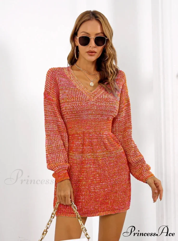 Colorful V-Neck Lantern Sleeve Sweater Dress - Image 2
