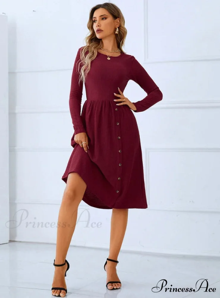 Red Long Sleeve Pleated Button Dress with Round Neck - Image 2