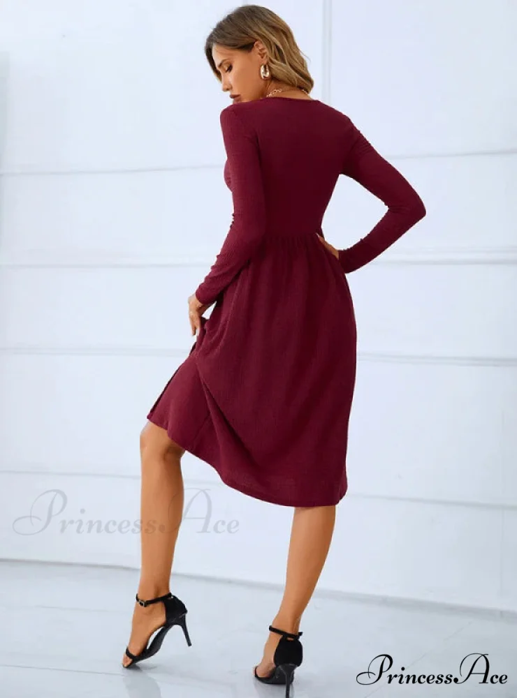 Red Long Sleeve Pleated Button Dress with Round Neck - Image 3
