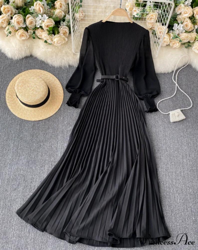 Elegant Round Neck Long Sleeve French Pleated Long Skirt for Women - Image 2