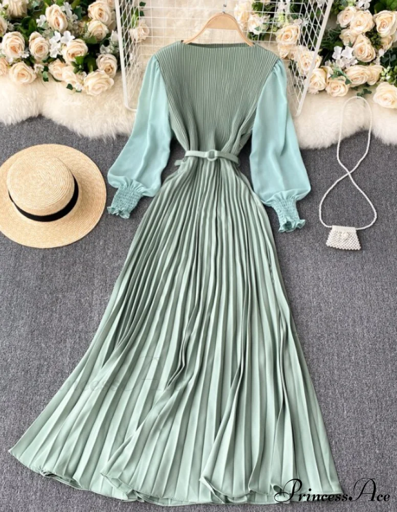 Elegant Round Neck Long Sleeve French Pleated Long Skirt for Women - Image 3