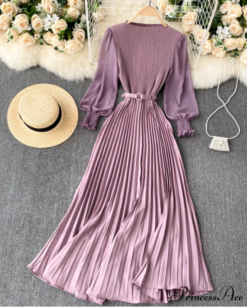 Elegant Round Neck Long Sleeve French Pleated Long Skirt for Women - Image 4