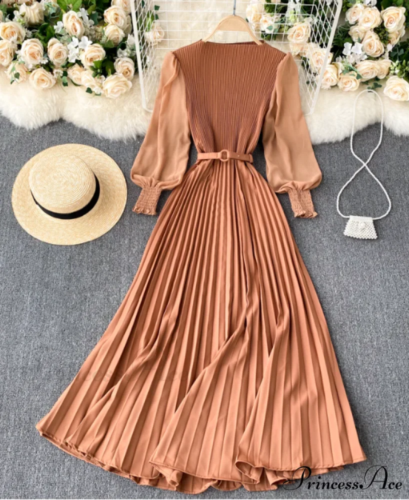 Elegant Round Neck Long Sleeve French Pleated Long Skirt for Women - Image 5