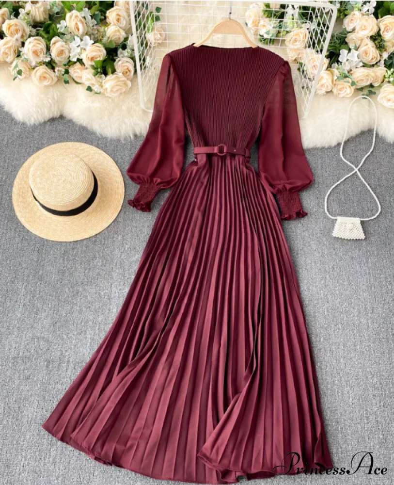 Elegant Round Neck Long Sleeve French Pleated Long Skirt for Women - Image 6