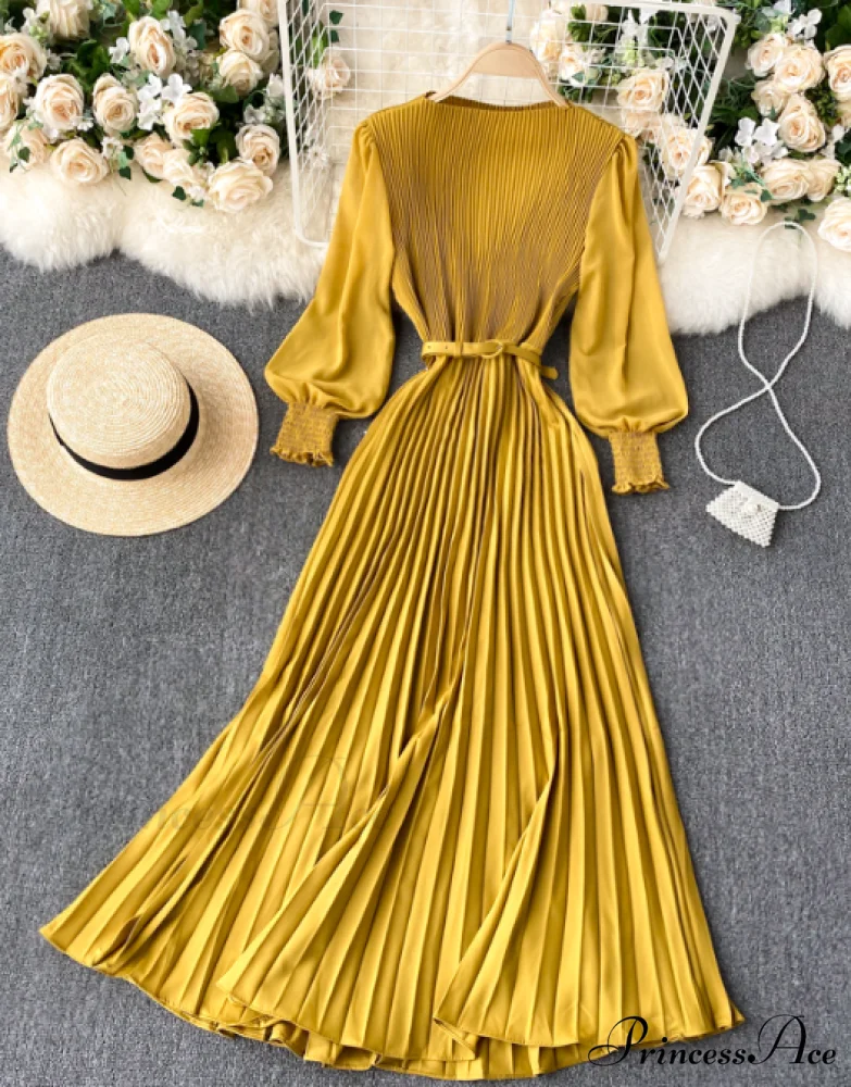 Elegant Round Neck Long Sleeve French Pleated Long Skirt for Women - Image 7