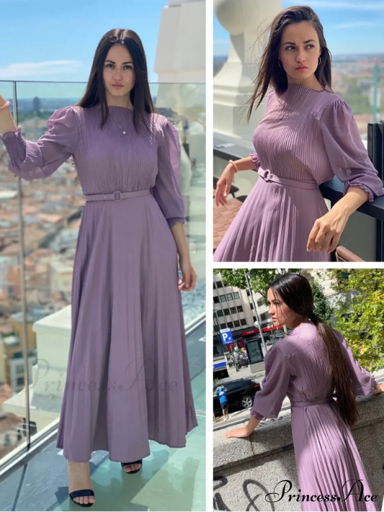 Elegant Round Neck Long Sleeve French Pleated Long Skirt for Women - Image 8