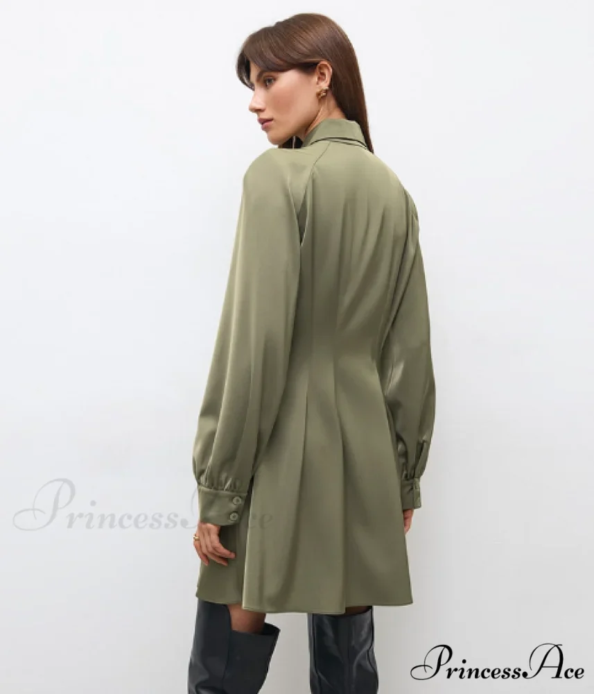 Vintage Green Office Long Sleeve Lapel Short Dress for Autumn - Image 2