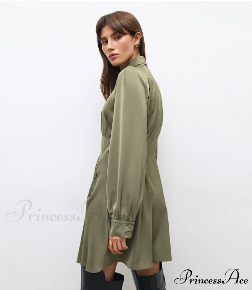 Vintage Green Office Long Sleeve Lapel Short Dress for Autumn - Image 3