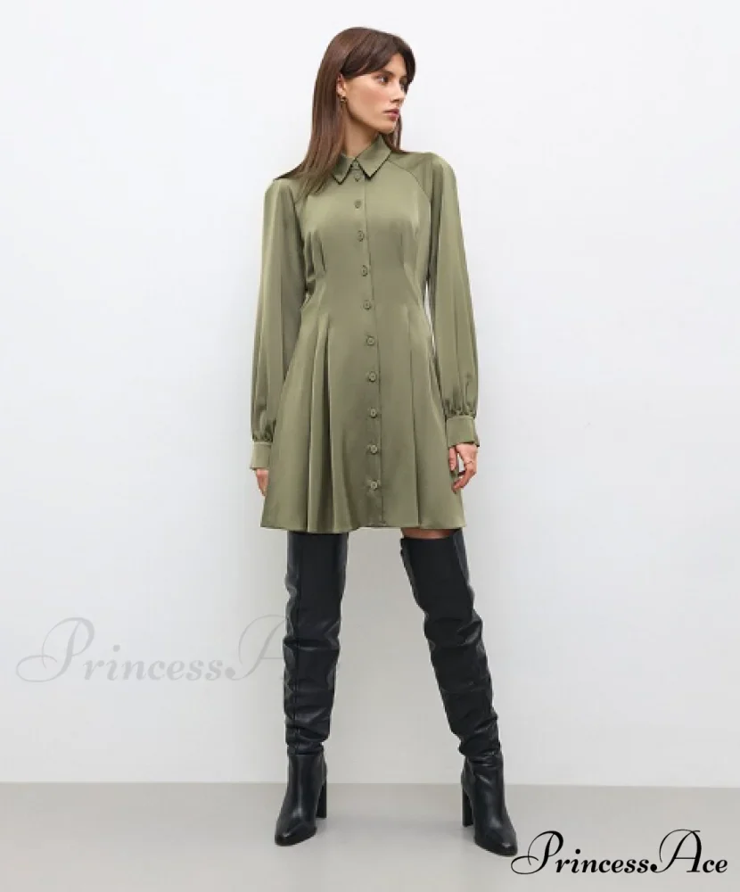 Vintage Green Office Long Sleeve Lapel Short Dress for Autumn - Image 4