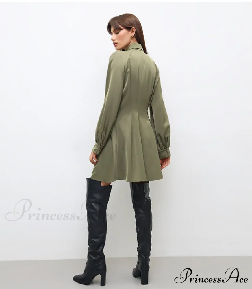 Vintage Green Office Long Sleeve Lapel Short Dress for Autumn - Image 6