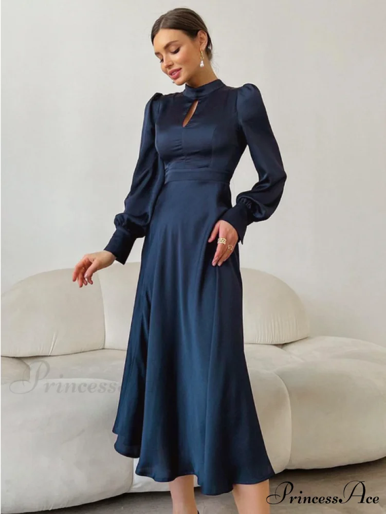 Navy Hollow Out Satin Midi Party Dress with Lantern Sleeves and Keyhole Detail - Image 2