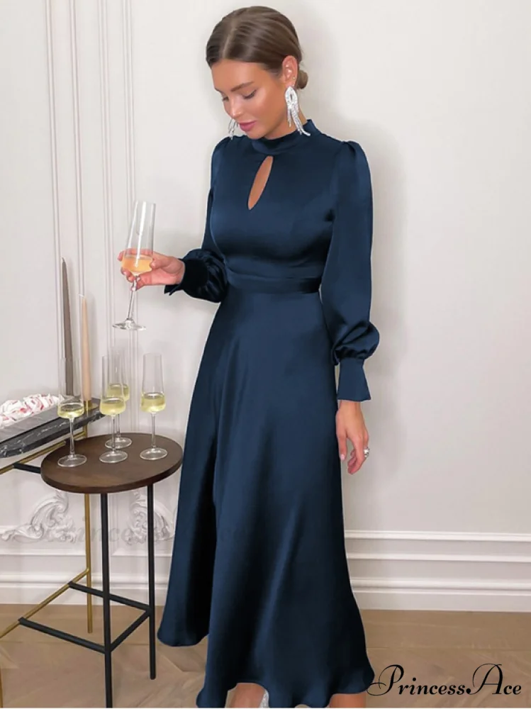 Navy Hollow Out Satin Midi Party Dress with Lantern Sleeves and Keyhole Detail - Image 3