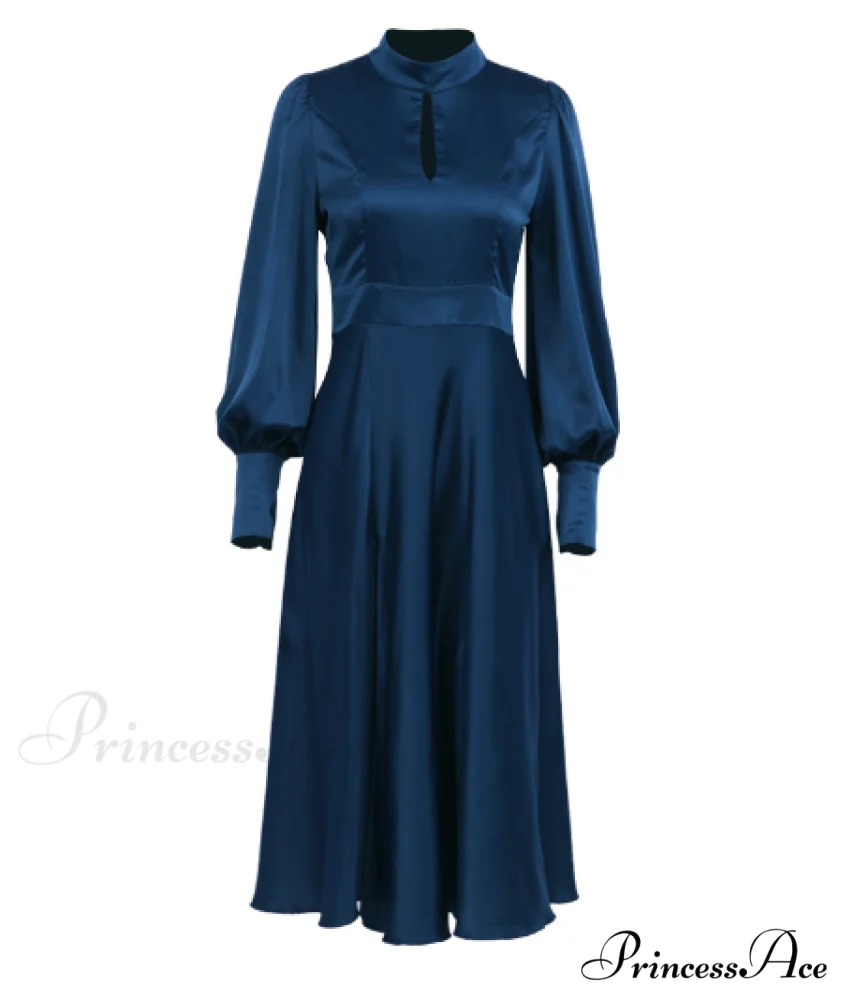 Navy Hollow Out Satin Midi Party Dress with Lantern Sleeves and Keyhole Detail - Image 4