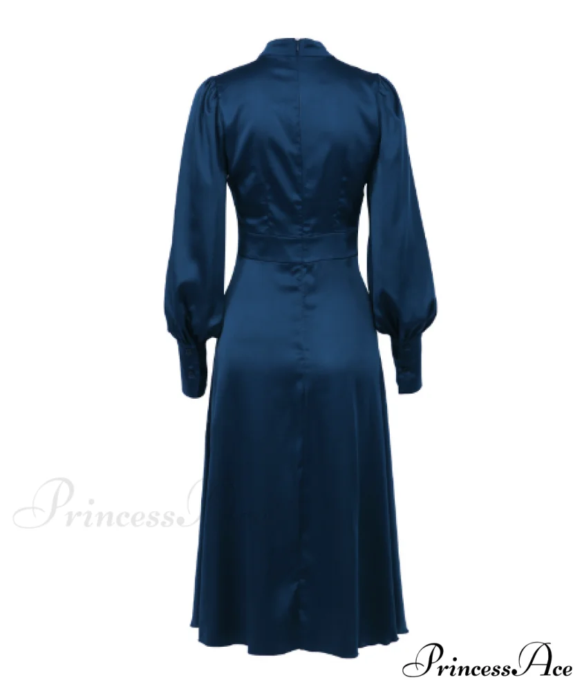 Navy Hollow Out Satin Midi Party Dress with Lantern Sleeves and Keyhole Detail - Image 5