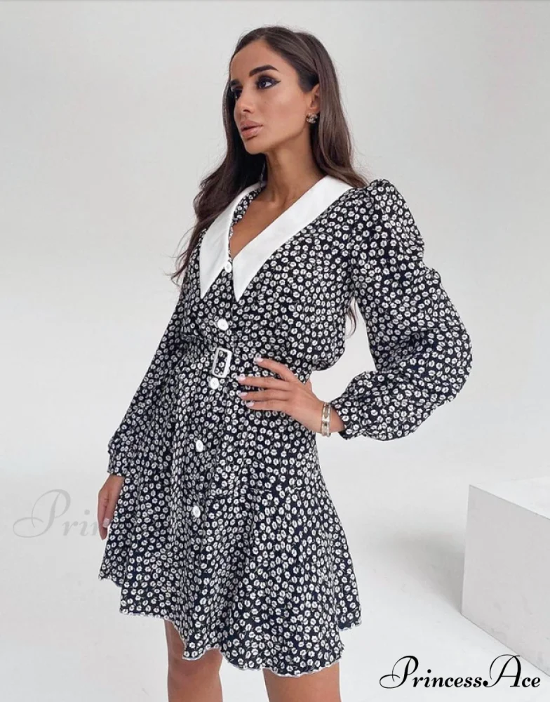 Vintage Floral Dress with Peter Pan Collar, Sash, Puff Sleeves, A-Line Fit - Image 2