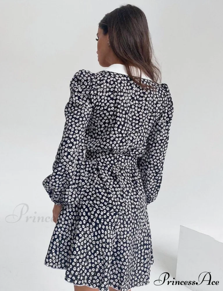Vintage Floral Dress with Peter Pan Collar, Sash, Puff Sleeves, A-Line Fit - Image 3