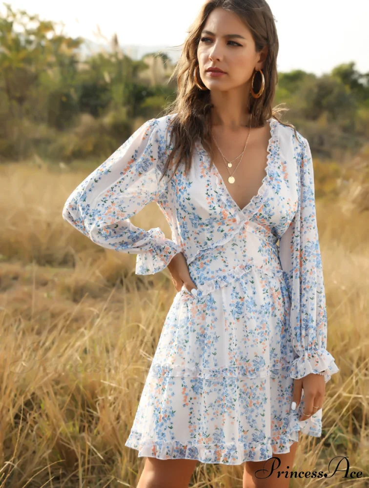 Women's Ruffles Chiffon Boho V-neck Mini Beach Dress with Long Lantern Sleeves - Image 2