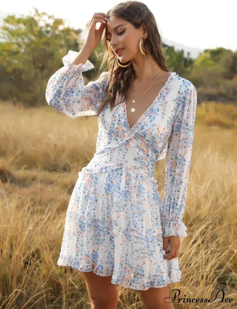 Women's Ruffles Chiffon Boho V-neck Mini Beach Dress with Long Lantern Sleeves - Image 3