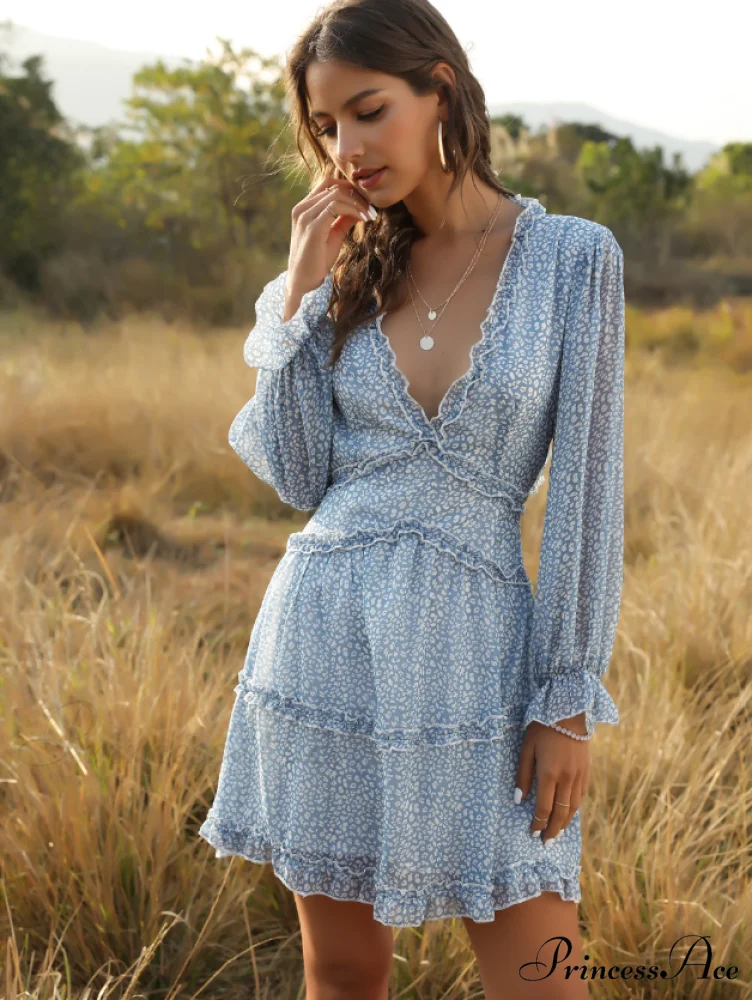 Women's Ruffles Chiffon Boho V-neck Mini Beach Dress with Long Lantern Sleeves - Image 5