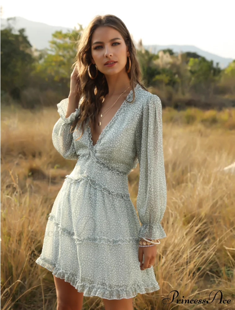 Women's Ruffles Chiffon Boho V-neck Mini Beach Dress with Long Lantern Sleeves - Image 7