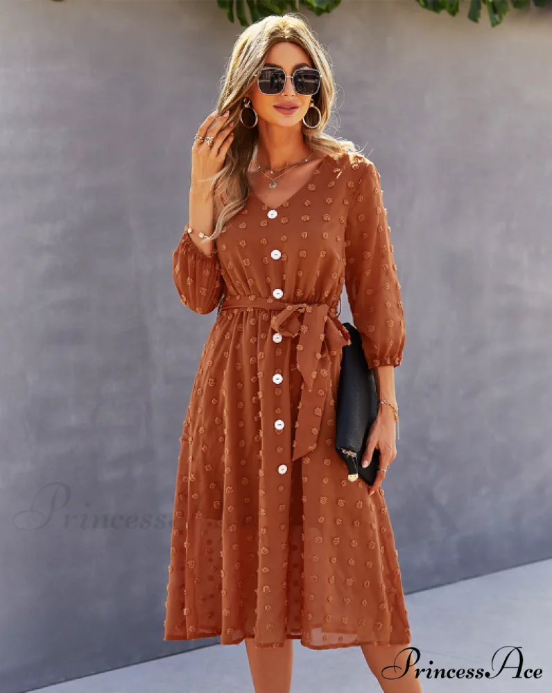 Elegant Half Sleeve Women's Casual V-neck Midi Dress with Buttons - Image 11