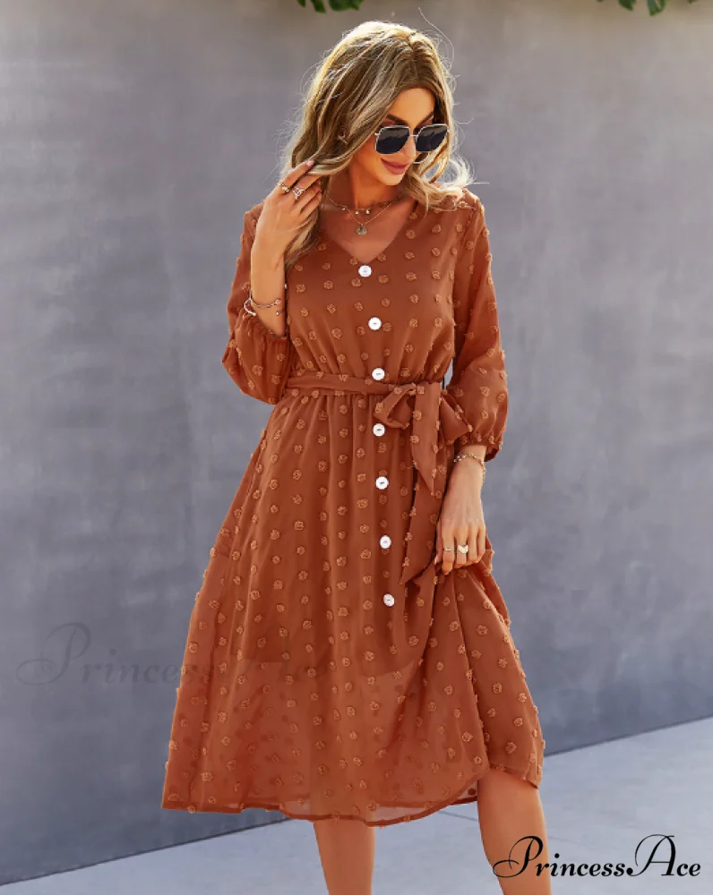 Elegant Half Sleeve Women's Casual V-neck Midi Dress with Buttons - Image 12