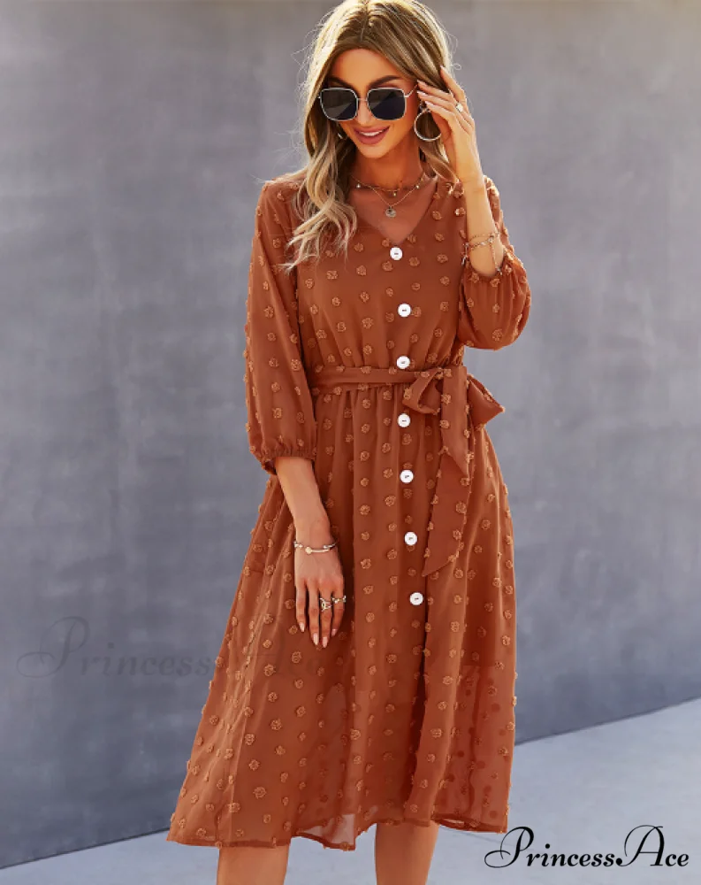 Elegant Half Sleeve Women's Casual V-neck Midi Dress with Buttons - Image 13