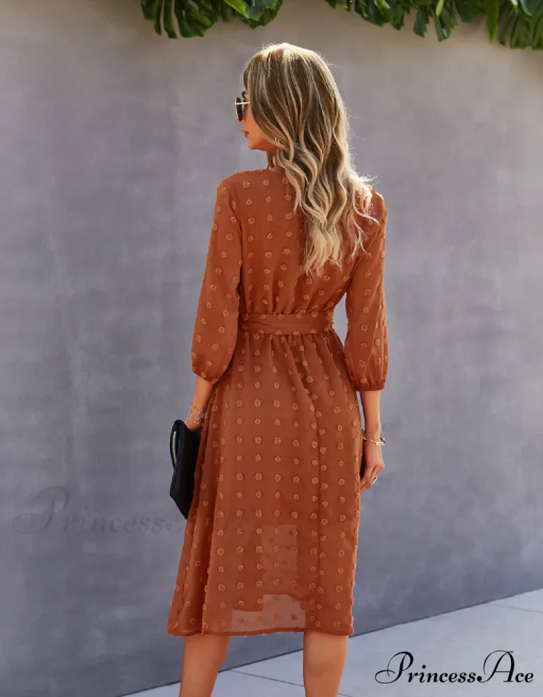 Elegant Half Sleeve Women's Casual V-neck Midi Dress with Buttons - Image 14