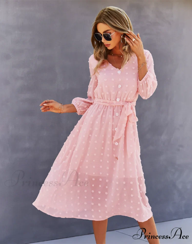 Elegant Half Sleeve Women's Casual V-neck Midi Dress with Buttons - Image 2