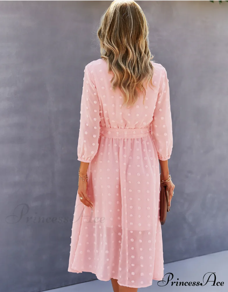 Elegant Half Sleeve Women's Casual V-neck Midi Dress with Buttons - Image 3