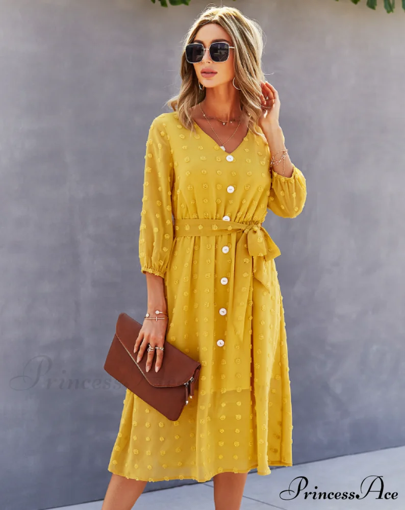 Elegant Half Sleeve Women's Casual V-neck Midi Dress with Buttons - Image 4