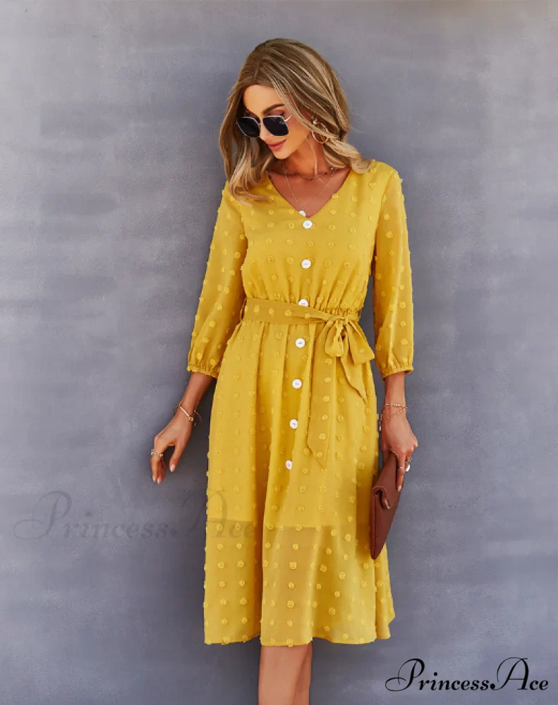 Elegant Half Sleeve Women's Casual V-neck Midi Dress with Buttons - Image 5