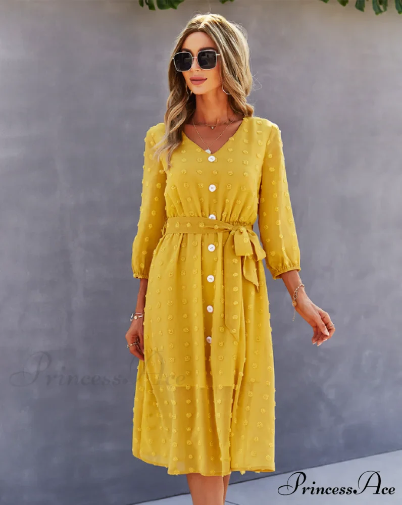 Elegant Half Sleeve Women's Casual V-neck Midi Dress with Buttons - Image 6