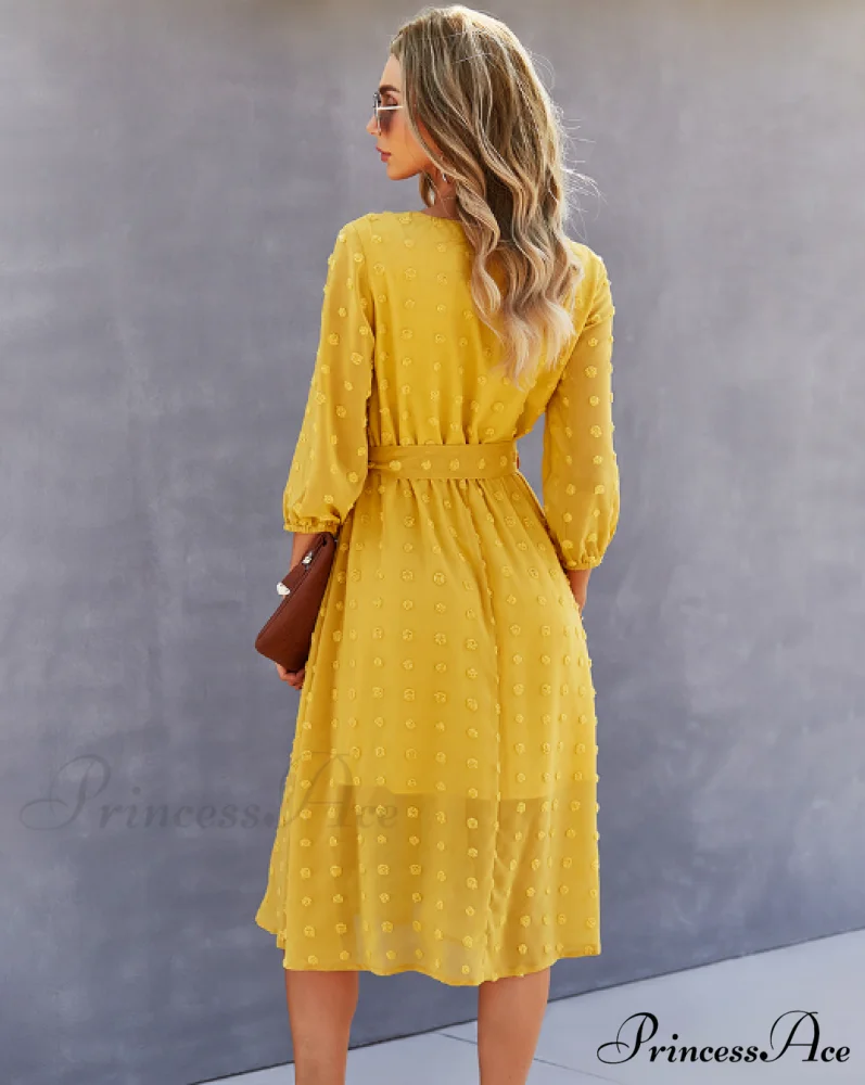 Elegant Half Sleeve Women's Casual V-neck Midi Dress with Buttons - Image 7