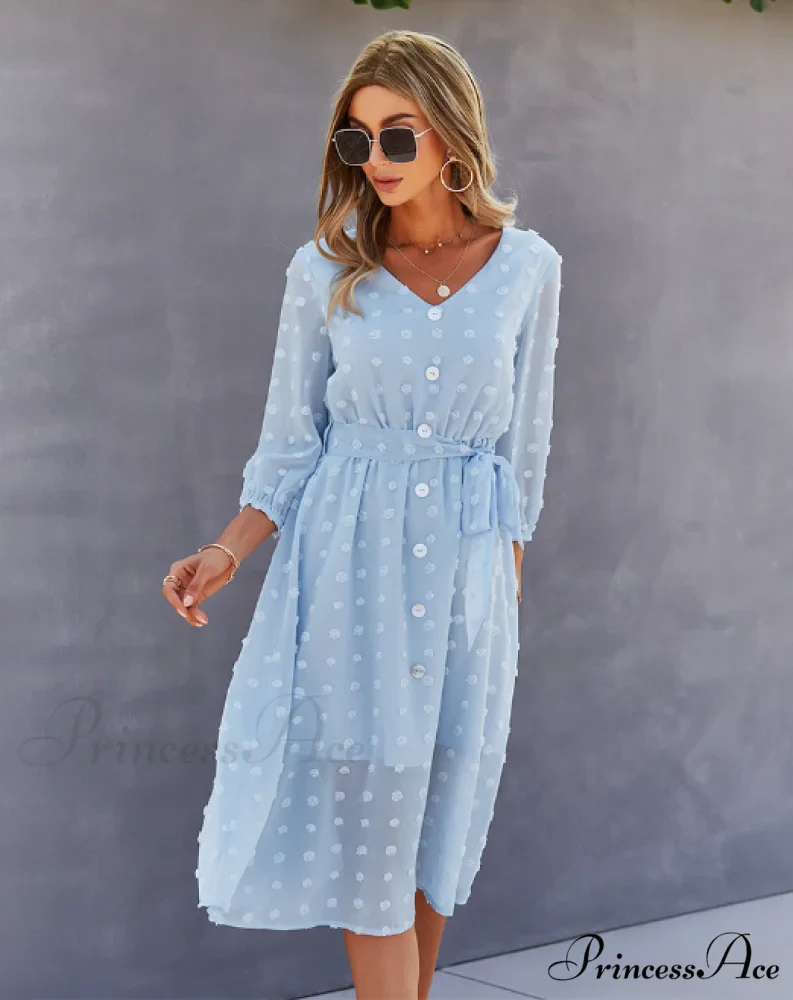Elegant Half Sleeve Women's Casual V-neck Midi Dress with Buttons - Image 8