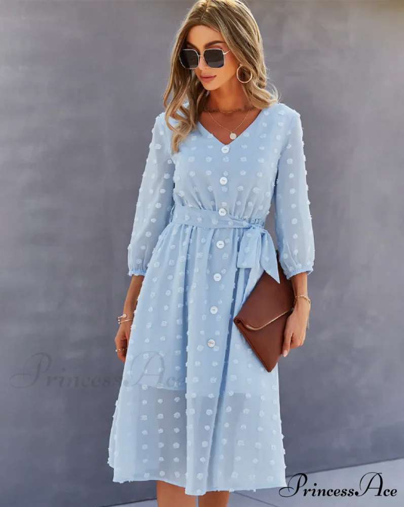 Elegant Half Sleeve Women's Casual V-neck Midi Dress with Buttons - Image 9