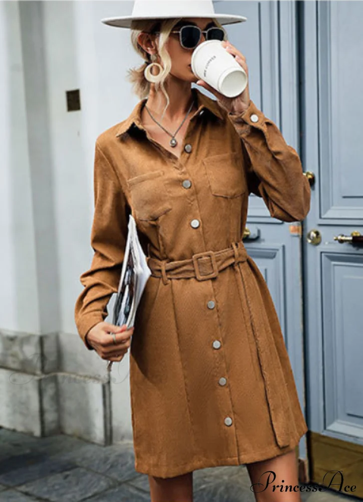 Corduroy Dress Women Long Sleeves Turn Down Collar Elegant Casual Autumn Winter - Image 2