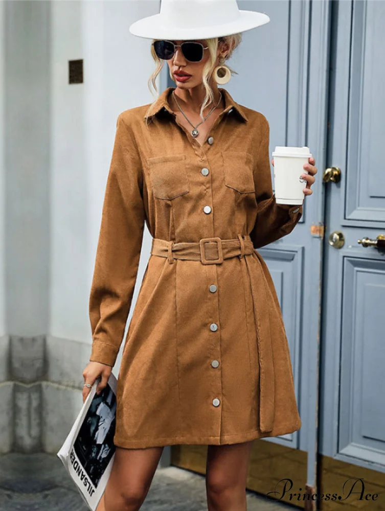 Corduroy Dress Women Long Sleeves Turn Down Collar Elegant Casual Autumn Winter - Image 4