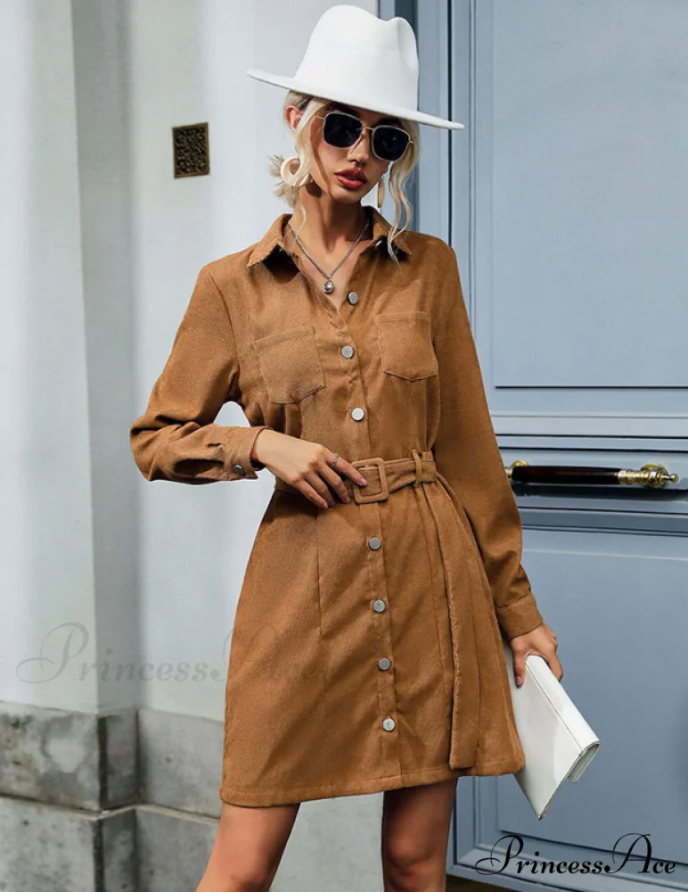 Corduroy Dress Women Long Sleeves Turn Down Collar Elegant Casual Autumn Winter - Image 5