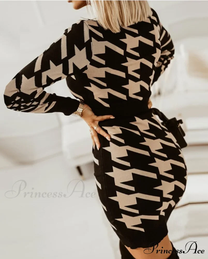 Elegant V Neck Print High Waist Long Sleeve Mini Dress for Women - Image 2