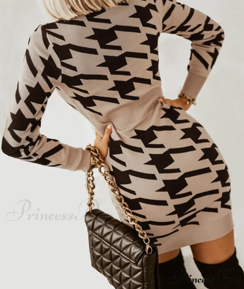 Elegant V Neck Print High Waist Long Sleeve Mini Dress for Women - Image 4