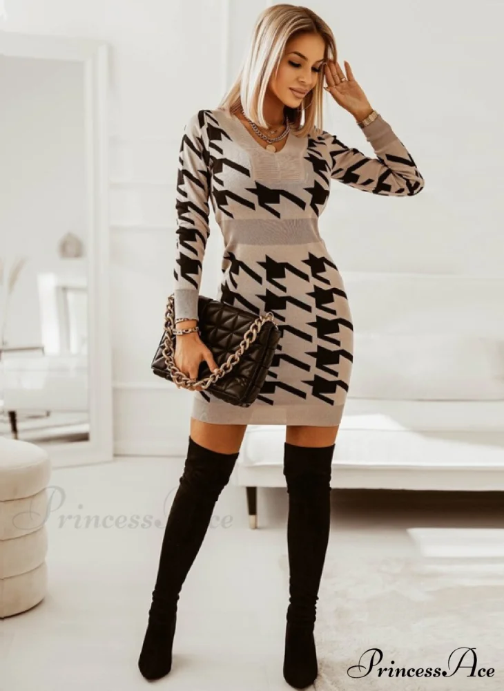 Elegant V Neck Print High Waist Long Sleeve Mini Dress for Women - Image 5
